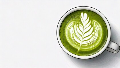 Green matcha latte art illustration , fashionable beverage; coffee art project for banners, coffee stores, cafes, copy space on left