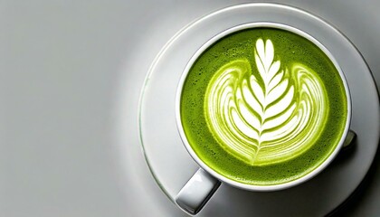Green matcha latte  , fashionable beverage; coffee art project for banners, coffee stores, cafes, copy space on left