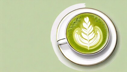 Green matcha latte art illustration , fashionable beverage; coffee art project for banners, coffee stores, cafes, copy space on left