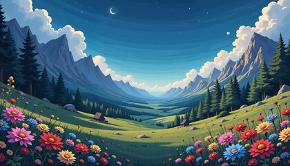 Vibrant wildflowers blooming under starry sky in peaceful valley, nature's serenity