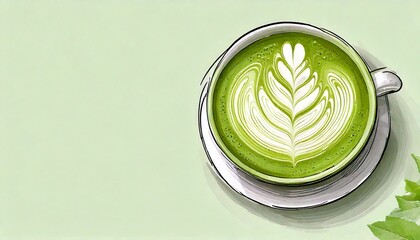 Green matcha latte art vector image , fashionable beverage; coffee art project for banners, coffee stores, cafes