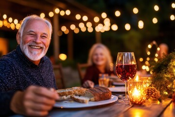 Elderly caucasian couple enjoying festive outdoor dinner with wine and lights.