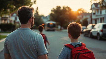 Two fathers engaged in casual conversation while their kids with backpacks play nearby waiting for the bus in a cozy residential neighborhood during a sunny day