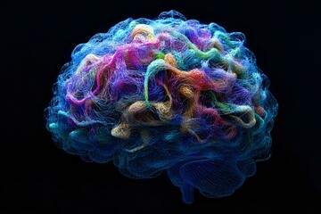 Colorful glowing brain visualization with vibrant neural networks showing interconnected pathways in blue, purple, and rainbow colors against black background.