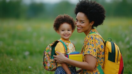 Loving and attentive mother kneeling down to hand her smiling child a colorful backpack and lunchbox ready for the first day of school in a peaceful outdoor field setting
