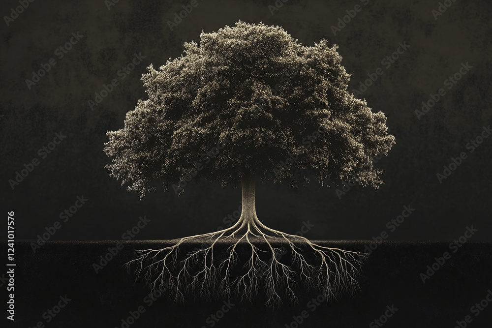 Aufkleber a digital tree with visible roots against a dark background symbolizes the concept of growth, founda