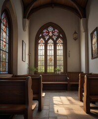 Fototapeta premium The interior of the small church features a simple wooden pew and stained glass windows , interior, divine