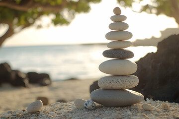 Fototapeta premium Photo of a stack of balanced stones on the beach, representing balance