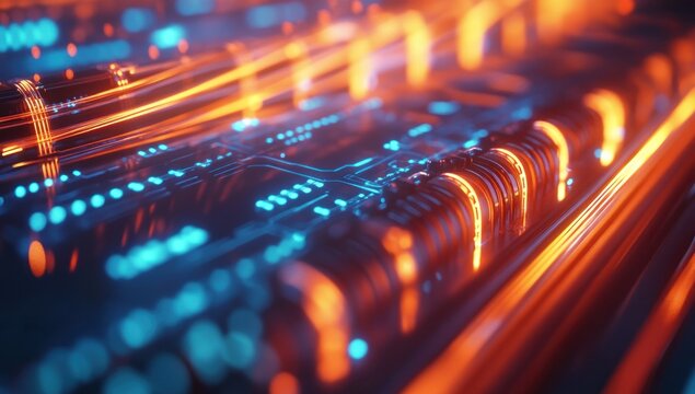 Abstract Futuristic Circuit Board: Glowing Neon Trails of Orange and Blue - Powered by Adobe