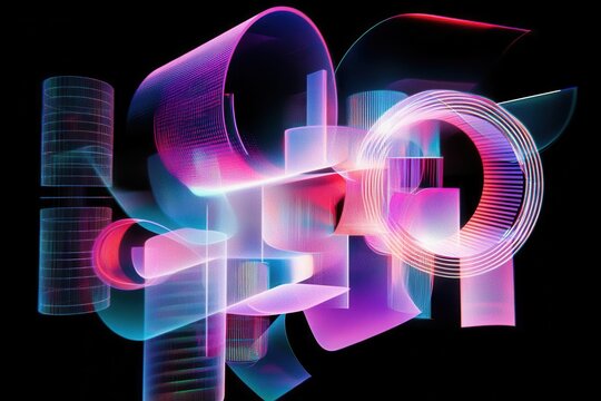abstract composition of flowing light trails and geometric shapes in neon colors against black background, creating dynamic visual energy