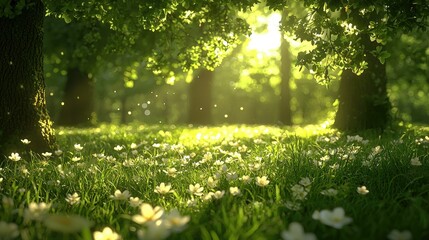 Obraz premium Sunlit Forest Meadow With Delicate White Flowers