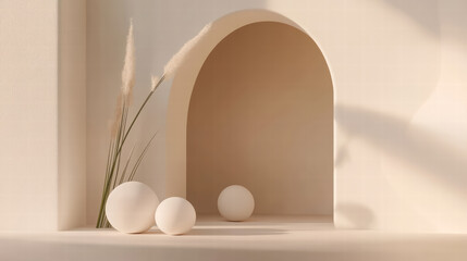 Fototapeta premium serene composition of soft white spheres and delicate plants in minimalist setting, creating calming atmosphere. gentle curves and neutral tones enhance tranquil vibe