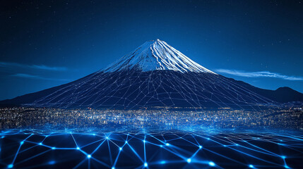 Digital Serenity Mount Fuji Reflected with Glowing Data Streams - Abstract Concept of Cybersecurity and Privacy