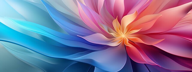 Obraz premium Abstract floral pattern with vibrant gradient petals in pink, blue and orange colors creating dynamic spiral composition on dark background. Suitable for wide banner design.
