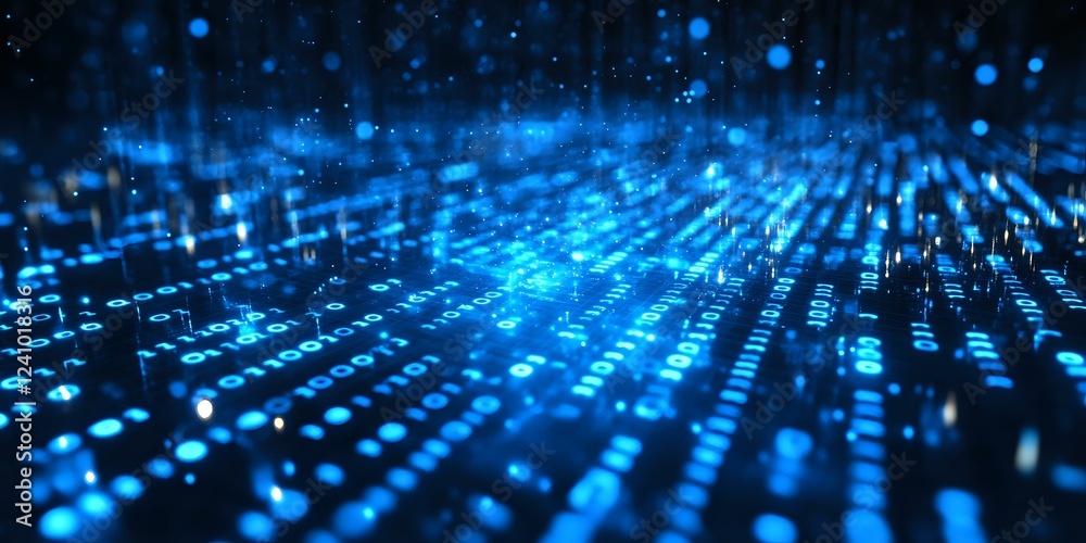 Poster abstract digital landscape with glowing blue data streams and light particles flowing through techno