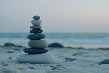 Fototapeta premium Photo of a stack of balanced stones on the beach, representing balance