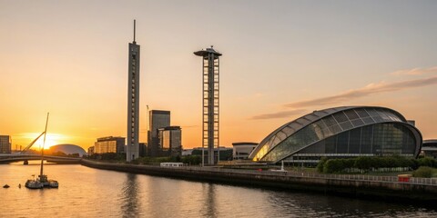 Obraz premium The sun sets over the Glasgow skyline at Pacific Quay, casting a warm orange glow over the sleek glass and steel towers, building, tower, Pacific Quay, city