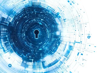 Obraz premium Digital keyhole surrounded by concentric circles and technological patterns in blue tones against white background, representing cybersecurity and data protection.