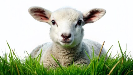 Cute Lamb in Grass - Black and White Clip Art Illustration