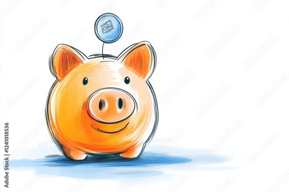 Poster A minimalist illustration of a piggy bank with a single coin dropping in, symbolizing savings and money management, drawn with clean lines and soft gradients