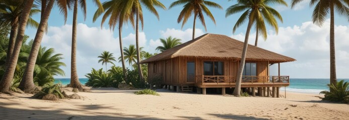 Wooden bungalow on tropical beach with tall palms, tranquil vacation, white sand, summer paradise