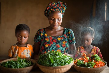 A mother rationing food for her children, serving them tiny portions while she eats nothing
