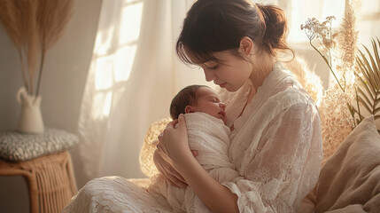 Gentle Maternal Bond Soft Textured Setting for Newborn Care and Family Wellness - Modern Healthcare Promotion and Emotional Connection Campaign