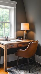 A home office nook with a simple wooden desk, leather chair, and a lamp for cozy lighting