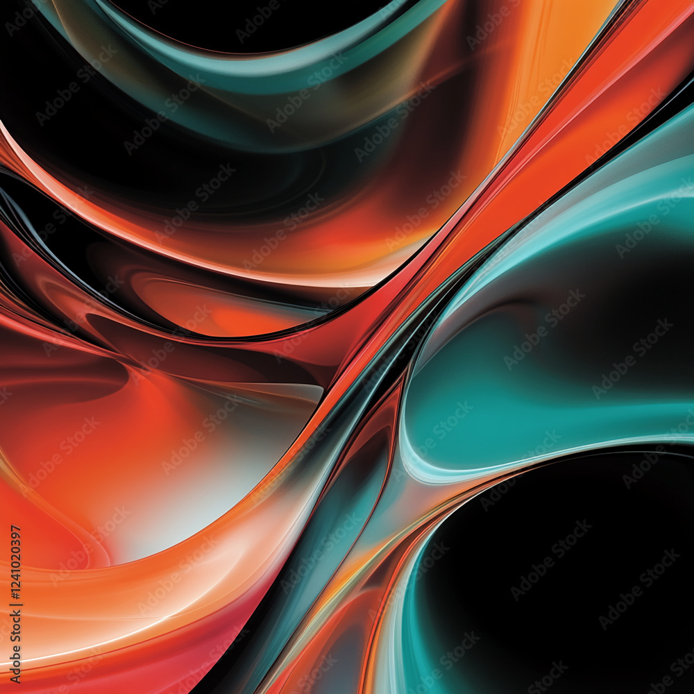 Poster a vibrant and fluid abstract image featuring smooth waves of red, orange, and teal, creating a sense