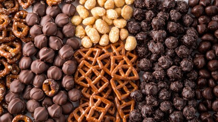 Obraz premium Assorted Chocolate Covered Snacks Including Pretzels, Nuts, and Candies in an Attractive Arrangement