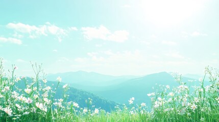 Fototapeta premium Peaceful mountain scenery featuring vibrant white flowers in the foreground, soft pastel colors, blurred mountain range in the background, clear sky