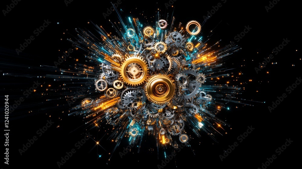 Poster dynamic gears and sparks create a mesmerizing display of technology and creativity in 4k