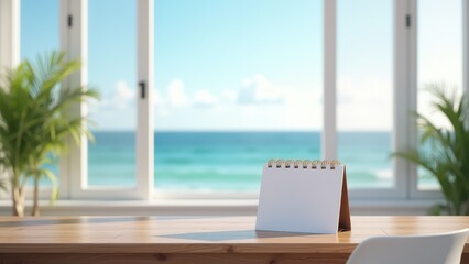 Calendar Mockup on Desk, Coastal office ocean view desk calendar photorealistic large window clear background.