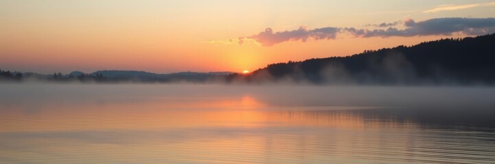 Fototapeta premium Peaceful sunrise over a misty lake with a silhouetted mountain. Golden light reflects on the calm water. Serene, tranquil, and nature-inspired. Ideal for backgrounds and travel themes.