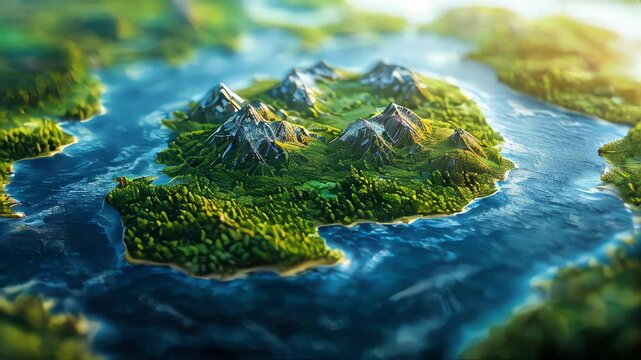 A breathtaking aerial view of a lush green island with mountains, surrounded by deep blue waters, symbolizing pristine nature