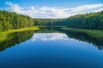 Obraz premium aerial view captures a serene lake reflecting the blue sky and surrounding trees. the calm waters create a mirror-like effect, inviting viewers to experience nature's beauty from above