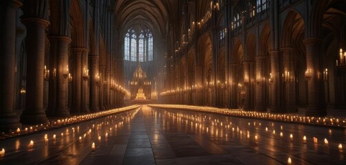 Wide-angle shot of a vast cathedral with candles lit, sense of awe, darkened walls