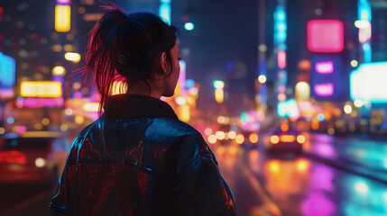 Stylish Woman Silhouette in Neon Urban Nightlife Scene with Motion Blur and Vibrant Colors