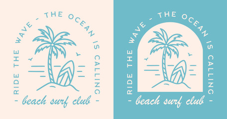 Surf club surfing surfer beach lover squad group class logo badge the Ocean is calling ride the wave. Boho retro vintage blue aesthetic minimalist illustration vector text for shirt design cut file.