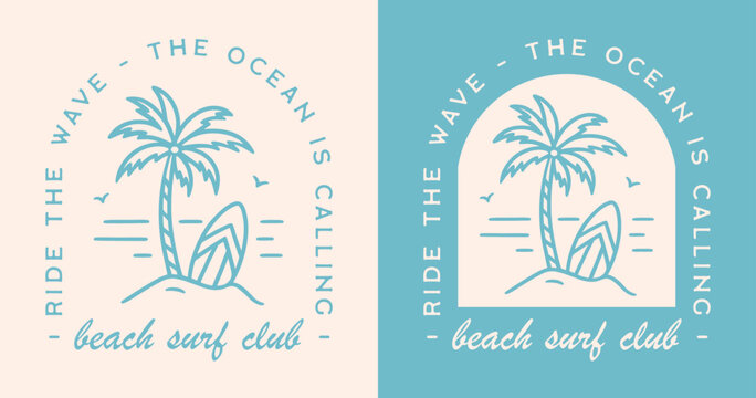 Surf club surfing surfer beach lover squad group class logo badge the Ocean is calling ride the wave. Boho retro vintage blue aesthetic minimalist illustration vector text for shirt design cut file.