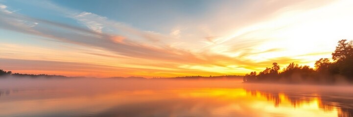 Obraz premium Peaceful sunrise over a misty lake with a silhouetted mountain. Golden light reflects on the calm water. Serene, tranquil, and nature-inspired. Ideal for backgrounds and travel themes.