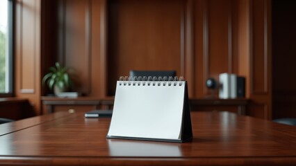 Calendar Mockup on Desk, Executive office dark wood paneling polished desk calendar clear background photorealistic.