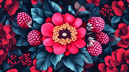A raspberry design featuring bold, symmetrical patterns and vibrant contrasts, making a powerful visual statement.