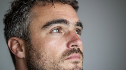 Obraz premium Pensive man looking away, studio shot, grey background, for marketing
