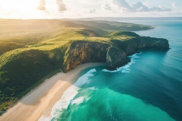 aerial view showcasing a pristine coastline with sparkling turquoise waters and dramatic cliffs...