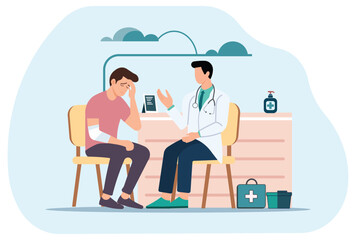 Illustration of a doctor consulting a sad male patient in a medical office. Concept of healthcare, mental health, counseling, diagnosis, treatment, support, therapy, and professional medical advice.