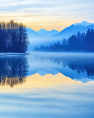 Fototapeta premium misty sunrise over peaceful lake with soft pastel colors reflecting