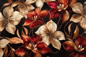 Fototapeta premium Elegant floral artwork with gold and red hues.