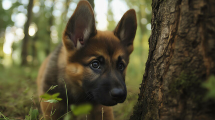 Cute German Shepherd Puppy Exploring Nature in the Forest