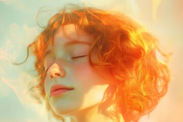 ai-generated serene portrait of a youth with auburn curls, radiating calmness and tranquility, set against a soft, blurred background that enhances the peaceful vibe of the illustration